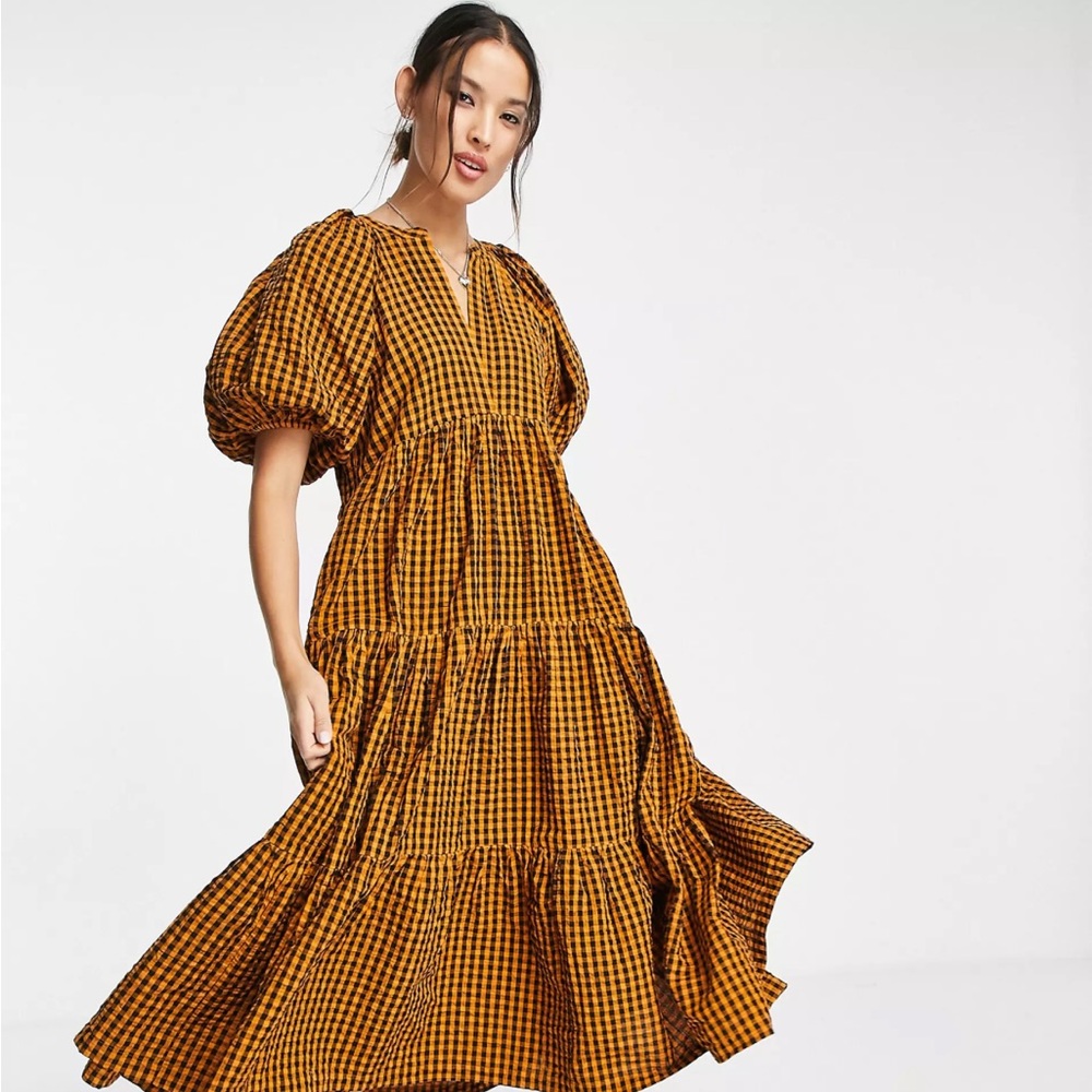 New with tags, Top Shop mustard/black check dress with volume sleeve.